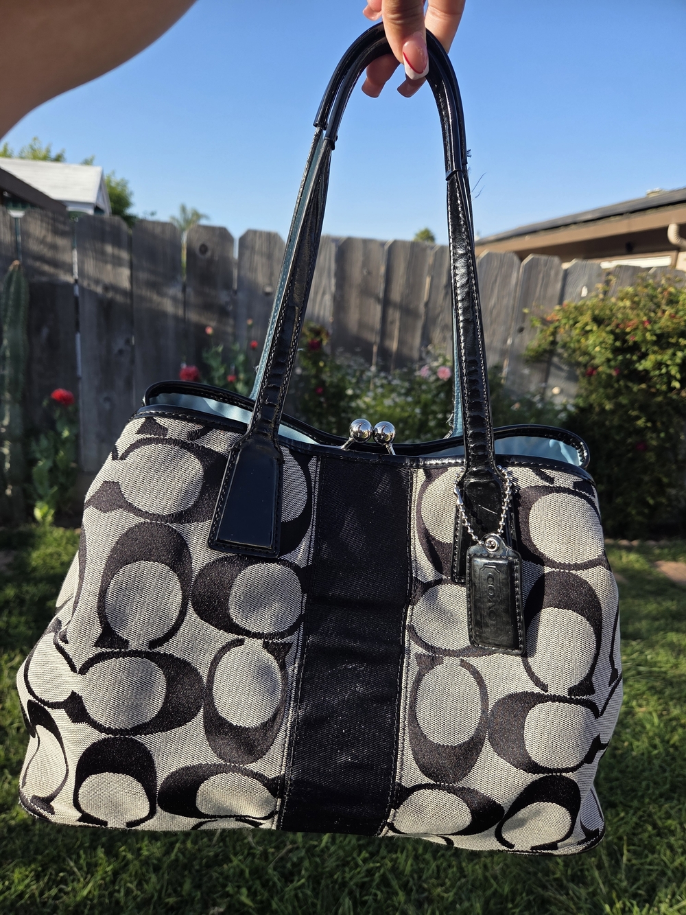Coach Kisslock Black & Cream Signature Canvas Tote Bag